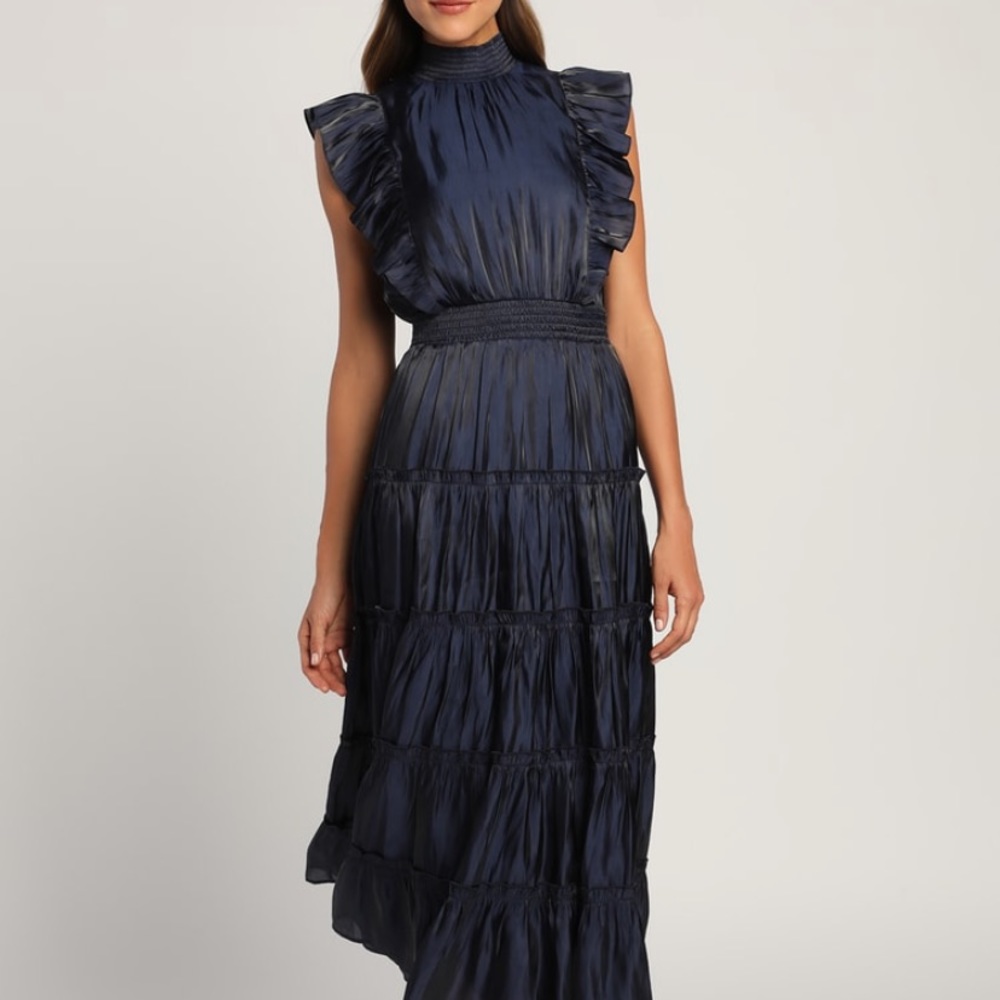 Navy Blue Tiered Mock Neck Midi Dress